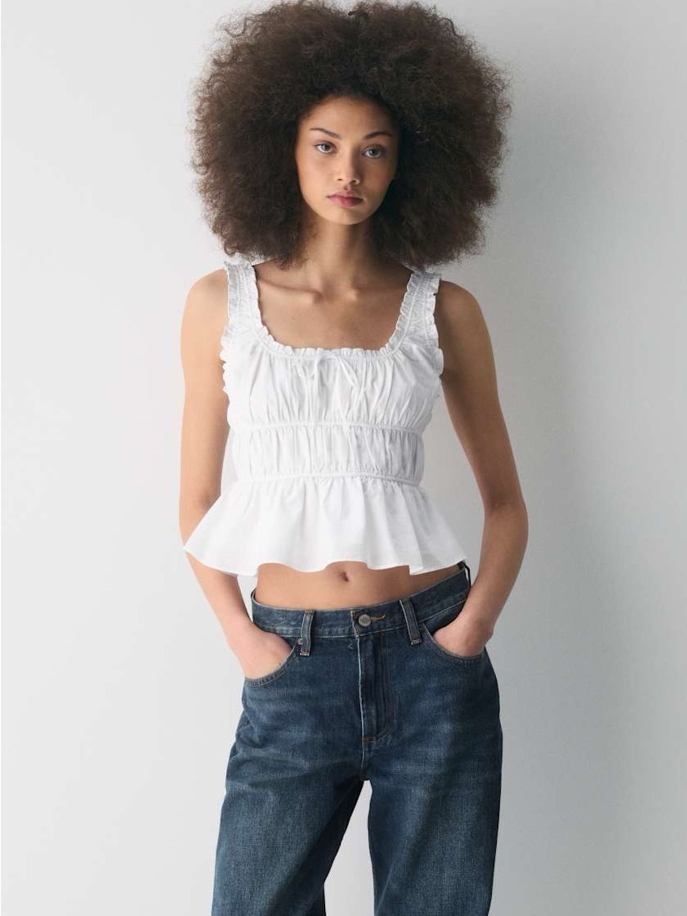 Aritzia White Smocked Ruffle Peplum Camisole